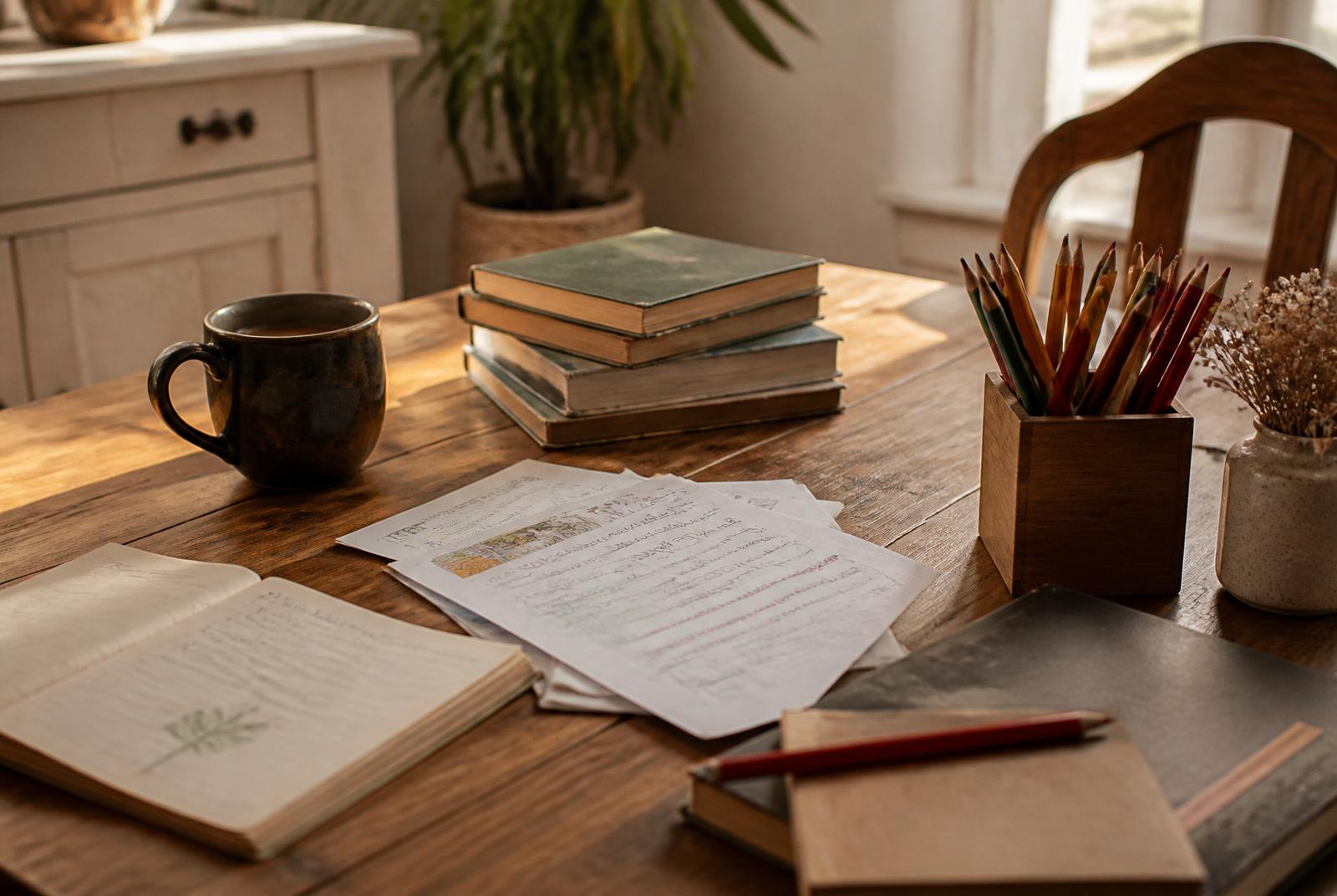 A homeschool table after a school morning with books, papers, colored pencils, and a coffee mug in warm daylight