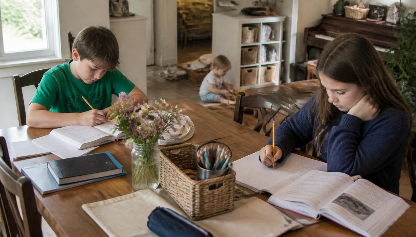 Siblings working on schoolwork at a wooden table with open books while a younger child plays nearby in a lived in family home