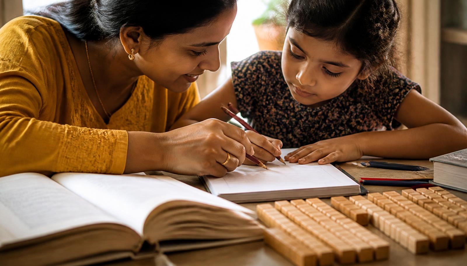 A mother and her child leaning over a notebook together with open books, pencils, and wooden counting blocks on the table