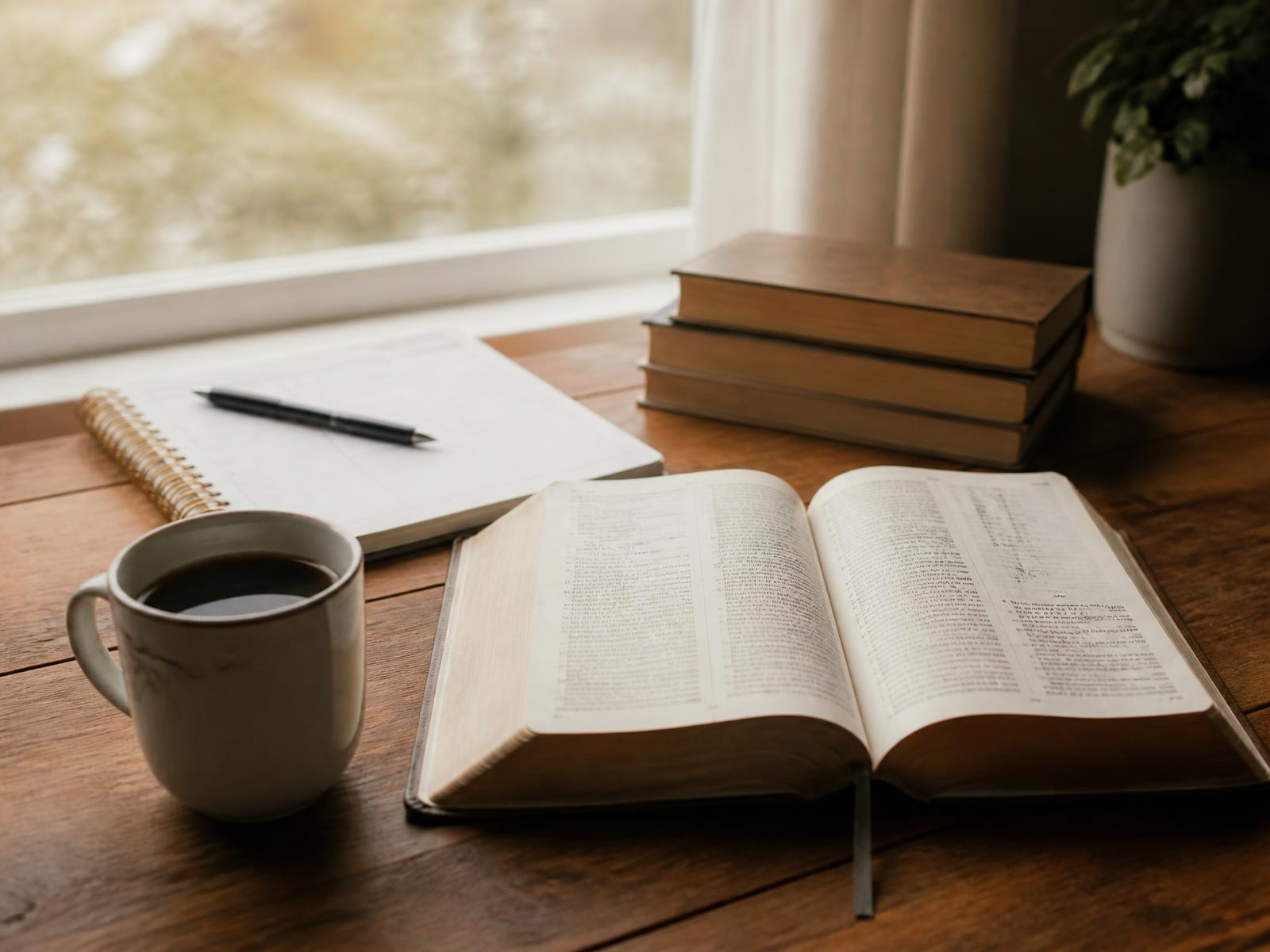 An open Bible, coffee mug, homeschool planner, and books on a wooden table beside a window in quiet morning light